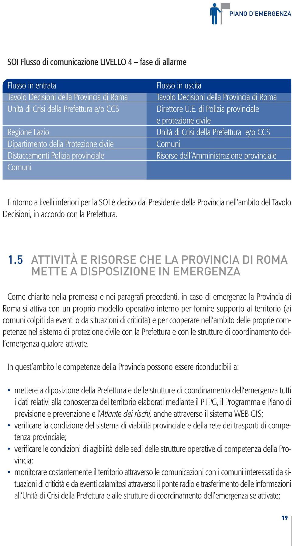 di Polizia provinciale e protezione civile Unità di Crisi della Prefettura e/o CCS Comuni Risorse dell Amministrazione provinciale Il ritorno a livelli inferiori per la SOI è deciso dal Presidente