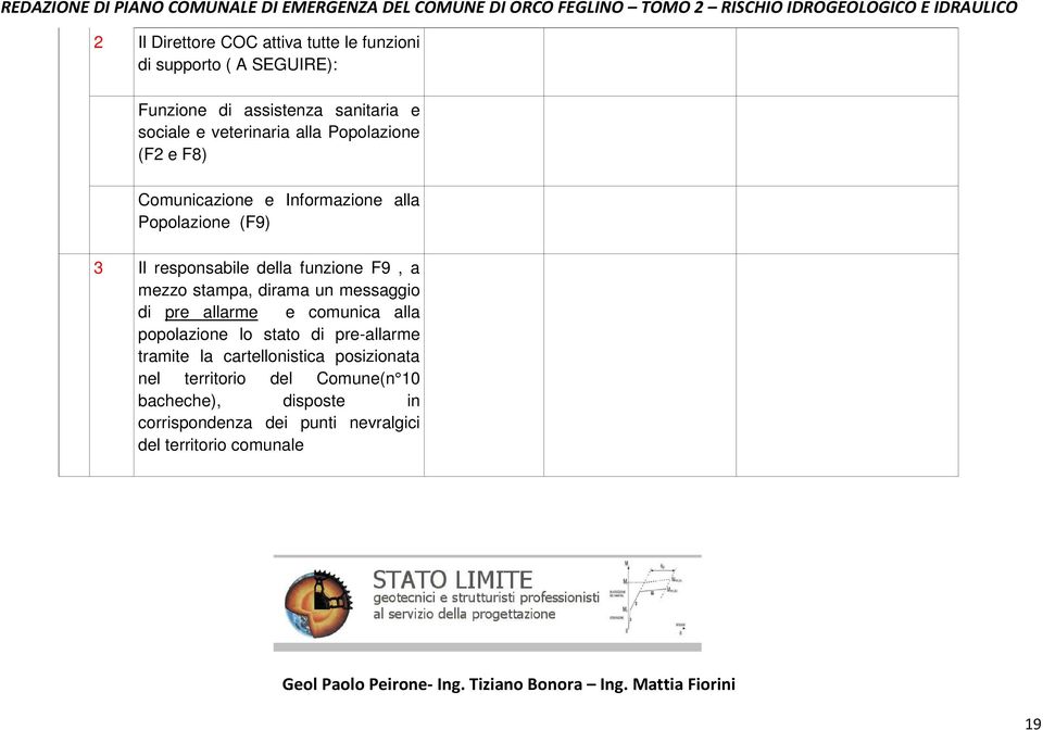 Popolazione (F9) 3 Il responsabile della funzione F9, a mezzo stampa, dirama un messaggio di pre allarme e comunica alla popolazione lo stato di