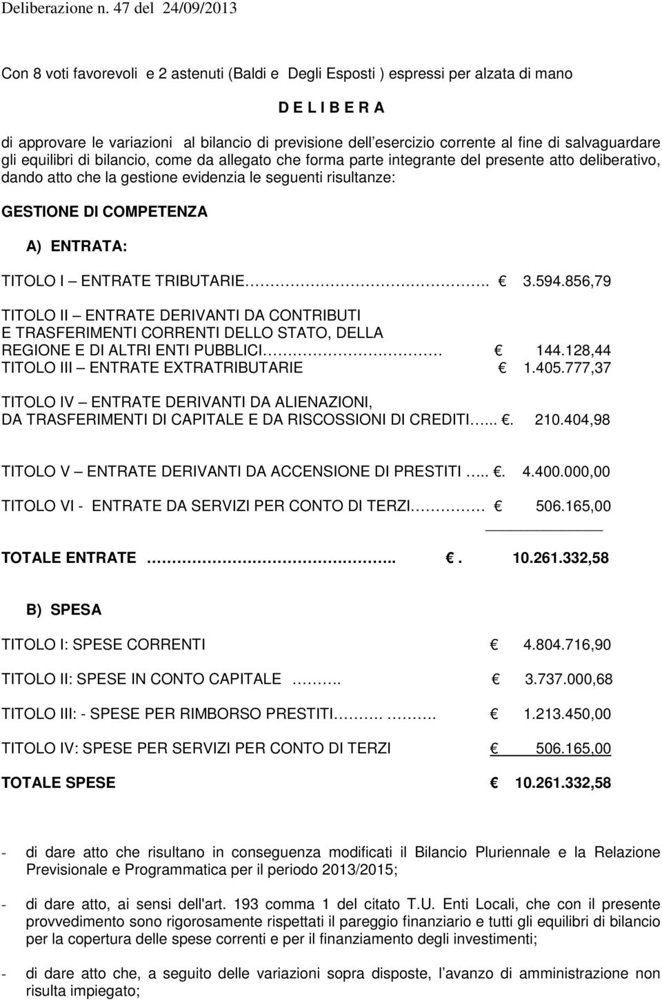 ) ENTRT: TITOLO I ENTRTE TRIBUTRIE. 3.594.856,79 TITOLO II ENTRTE DERIVNTI D CONTRIBUTI E TRSFERIMENTI CORRENTI DELLO STTO, DELL REGIONE E DI LTRI ENTI UBBLICI 144.