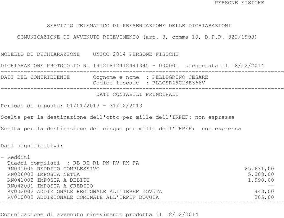 dell'otto per mille dell'irpef: non espressa Scelta per la destinazione del cinque per mille dell'irpef: non espressa Dati significativi: - Redditi Quadri compilati : RB RC RL RN RV RX FA RN00005