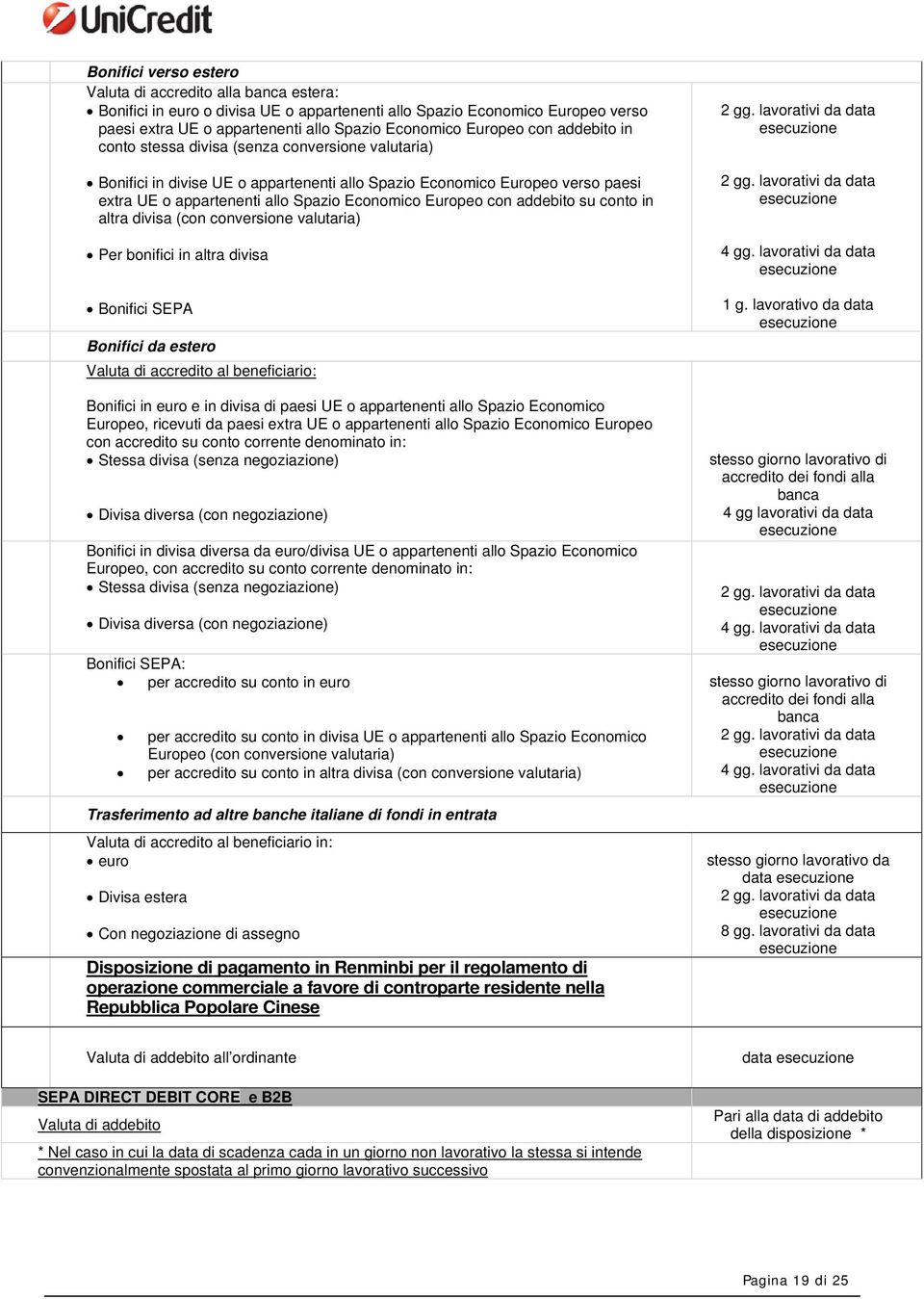 Europeo con addebito su conto in altra divisa (con conversione valutaria) Per bonifici in altra divisa Bonifici SEPA Bonifici da estero Valuta di accredito al beneficiario: Bonifici in euro e in