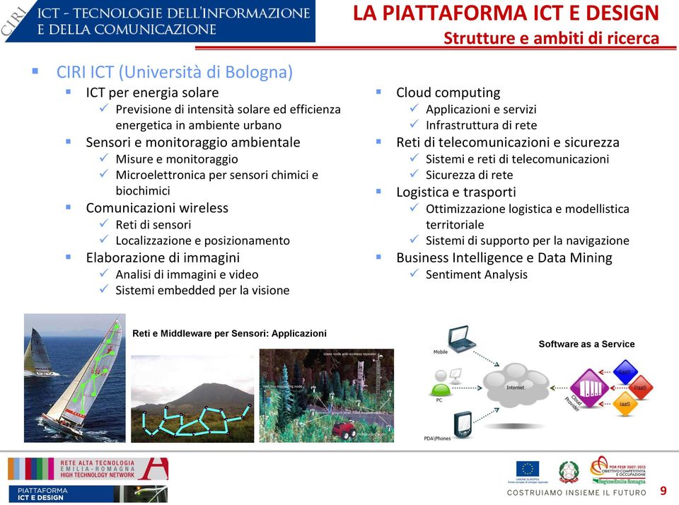 visione LA PIATTAFORMA ICT E DESIGN Strutture e ambiti di ricerca Cloud computing Applicazioni e servizi Infrastruttura di rete Reti di telecomunicazioni e sicurezza Sistemi e reti di