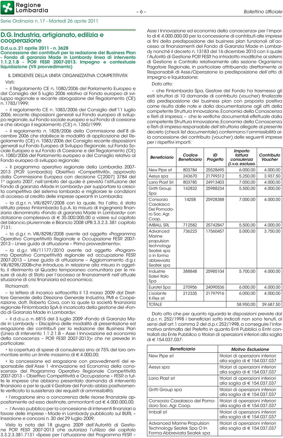 Impegno e contestuale liquidazione (VII provvedimento) IL DIRIGENTE DELLA UNITA ORGANIZZATIVA COMPETITIVITA Visti: il Regolamento CE n.