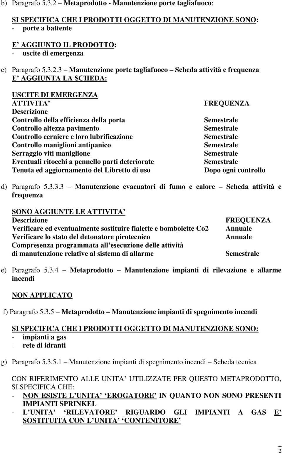 Manutenzione porte tagliafuoco Scheda attività e frequenza E AGGIUNTA LA SCHEDA: USCITE DI EMERGENZA ATTIVITA Descrizione Controllo della efficienza della porta Controllo altezza pavimento Controllo