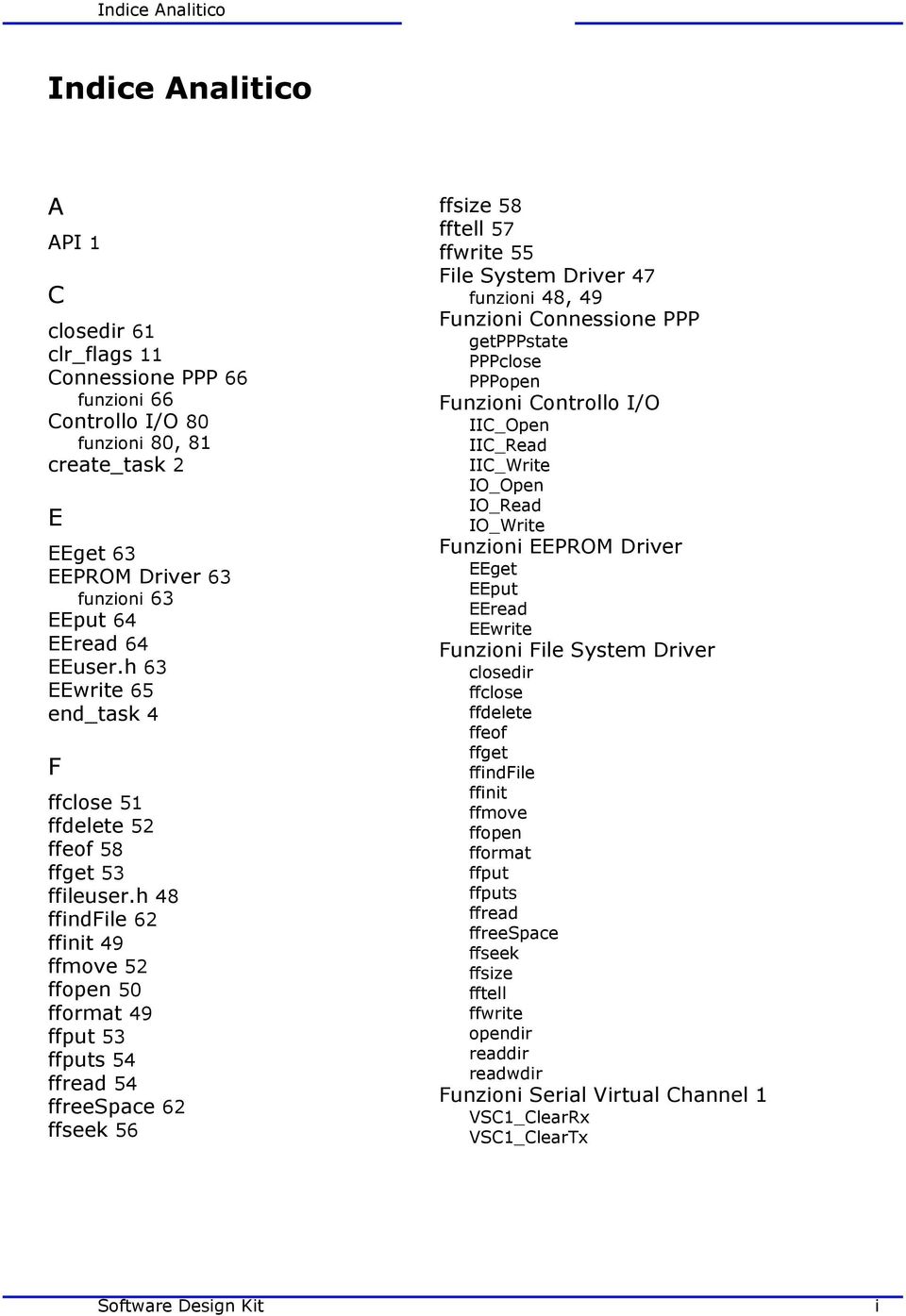 h 48 ffindfile 62 ffinit 49 ffmove 52 ffopen 50 fformat 49 ffput 53 ffputs 54 ffread 54 ffreespace 62 ffseek 56 ffsize 58 fftell 57 ffwrite 55 File System Driver 47 funzioni 48, 49 Funzioni