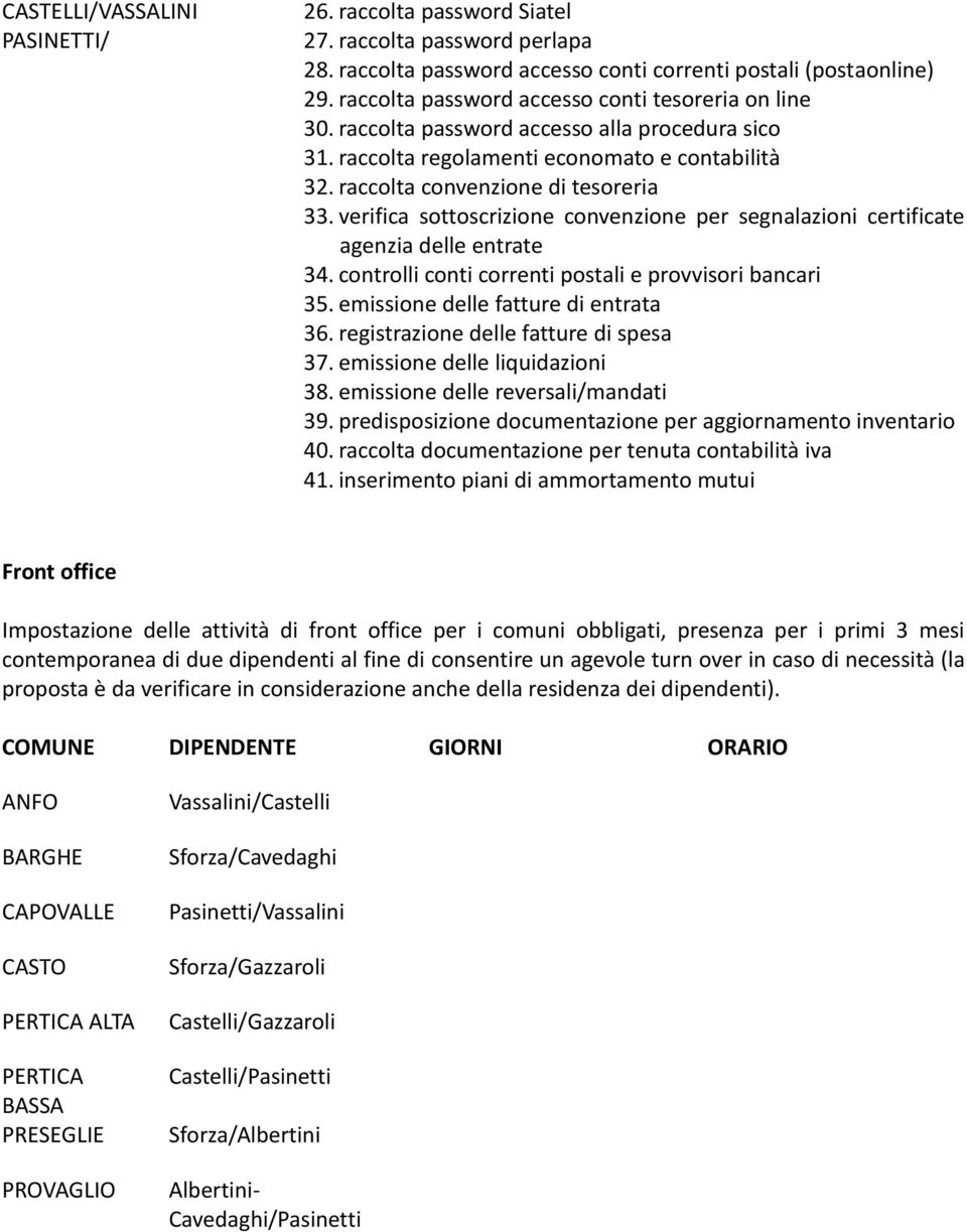 verifica sottoscrizione convenzione per segnalazioni certificate agenzia delle entrate 34. controlli conti correnti postali e provvisori bancari 35. emissione delle fatture di entrata 36.