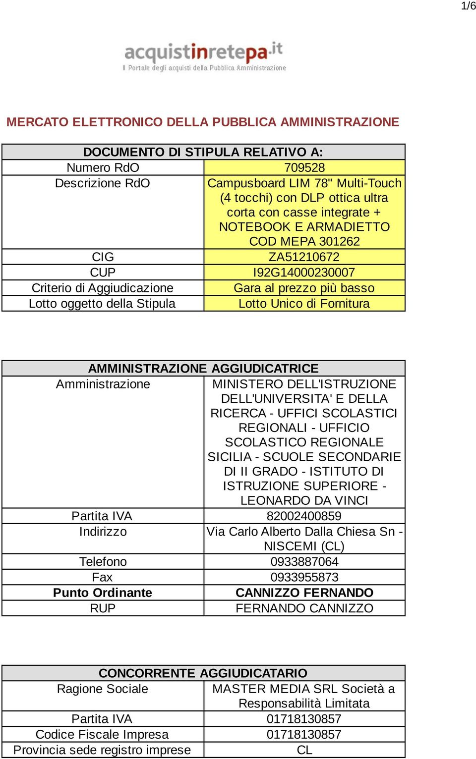 AMMINISTRAZIONE AGGIUDICATRICE Amministrazione MINISTERO DELL'ISTRUZIONE DELL'UNIVERSITA' E DELLA RICERCA - UFFICI SCOLASTICI REGIONALI - UFFICIO SCOLASTICO REGIONALE SICILIA - SCUOLE SECONDARIE DI