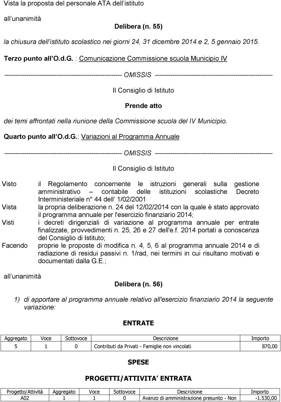 : Variazioni al Programma Annuale amministrativo contabile delle istituzioni scolastiche Decreto Interministeriale n 44 dell 1/02/2001 Vista la propria deliberazione n.