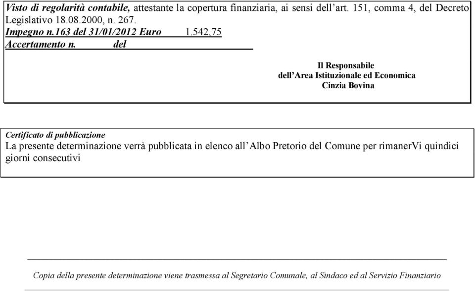 del Il Responsabile dell Area Istituzionale ed Economica Cinzia Bovina Certificato di pubblicazione La presente determinazione verrà