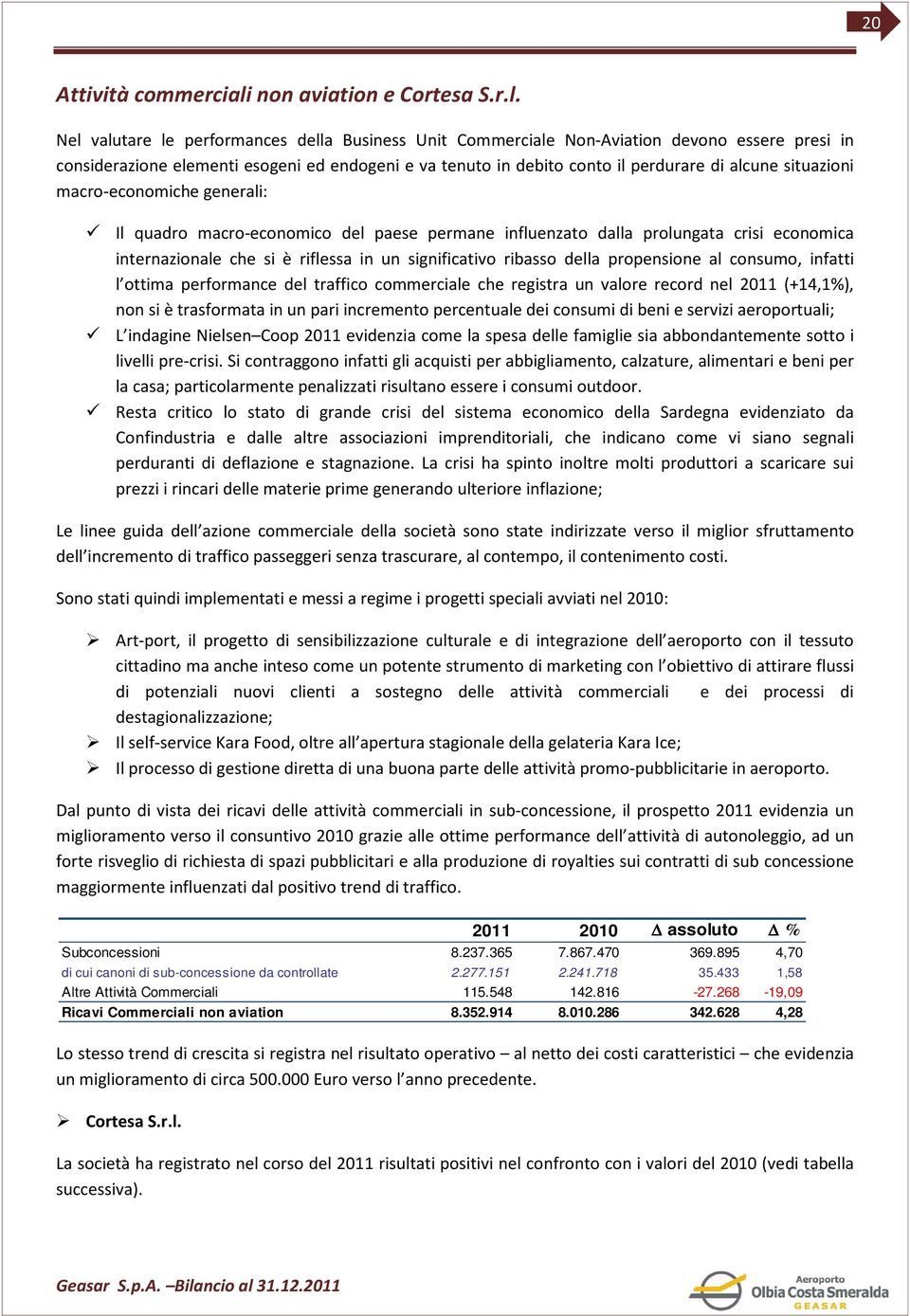 Nel valutare le performances della Business Unit Commerciale Non-Aviation devono essere presi in considerazione elementi esogeni ed endogeni e va tenuto in debito conto il perdurare di alcune