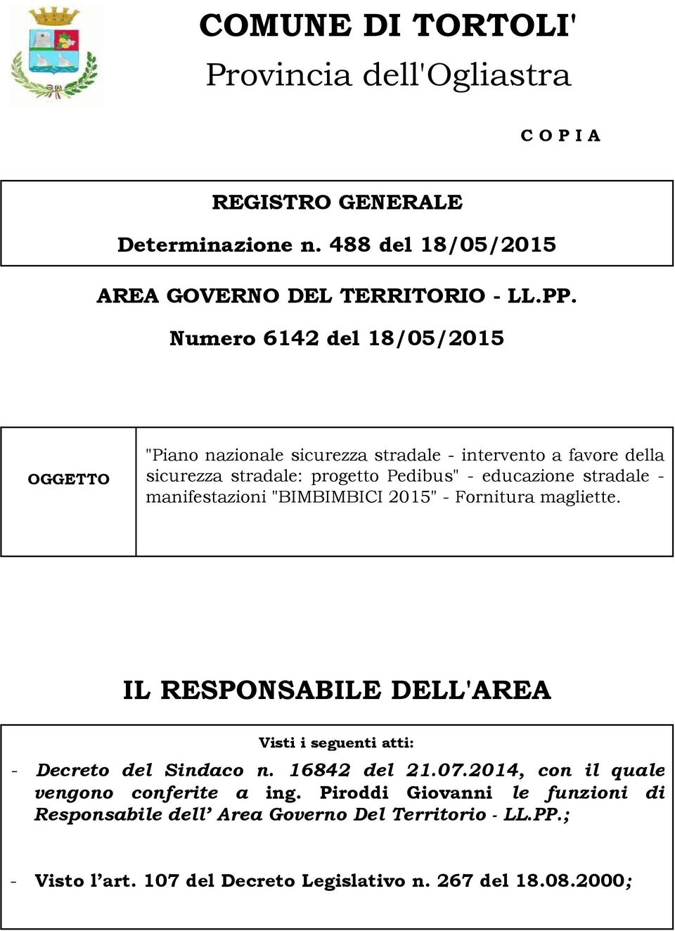 manifestazioni "BIMBIMBICI 2015" - Fornitura magliette. IL RESPONSABILE DELL'AREA Visti i seguenti atti: - Decreto del Sindaco n. 16842 del 21.07.