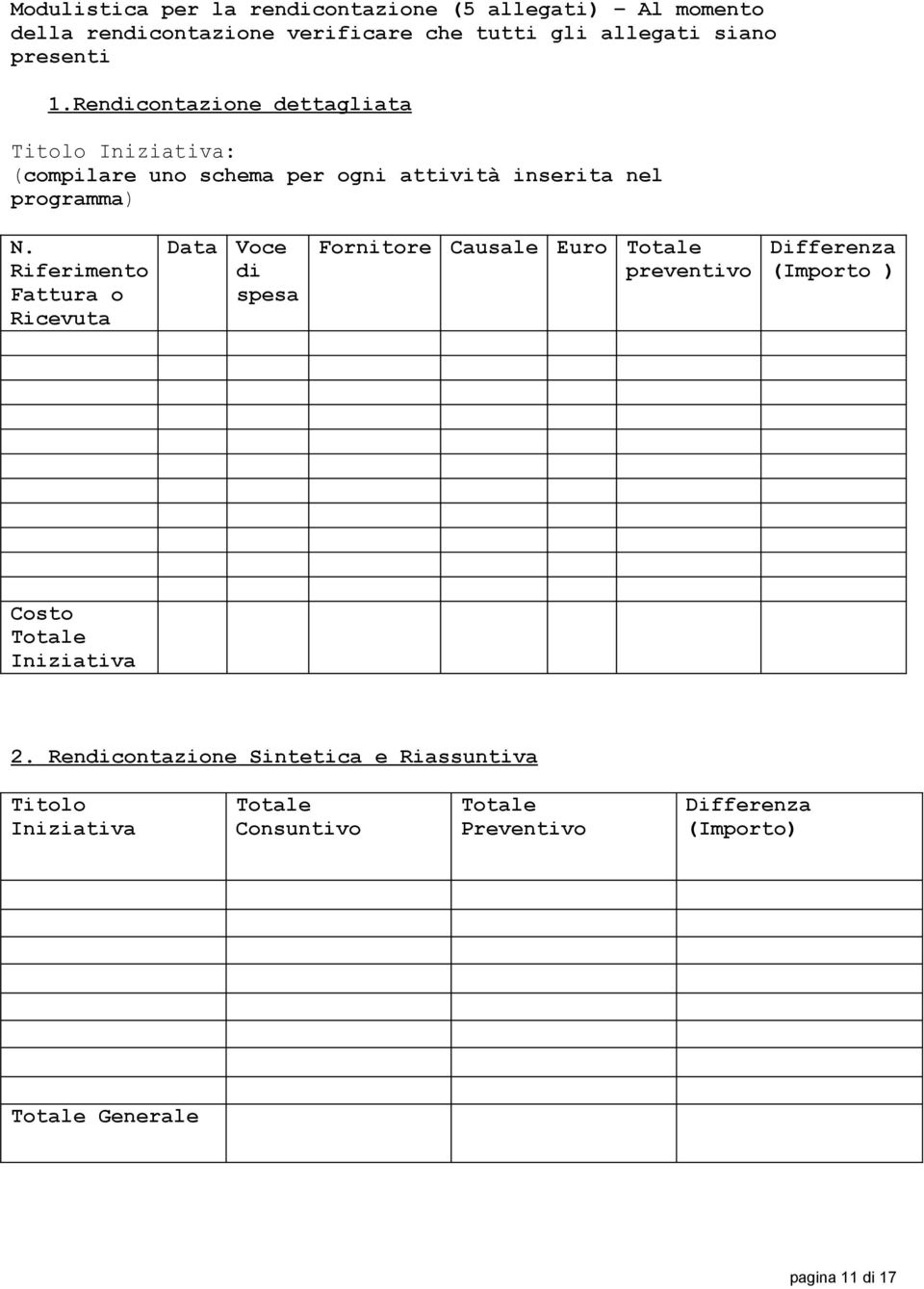 Riferimento Fattura o Ricevuta Data Voce di spesa Fornitore Causale Euro Totale preventivo Differenza (Importo ) Costo Totale