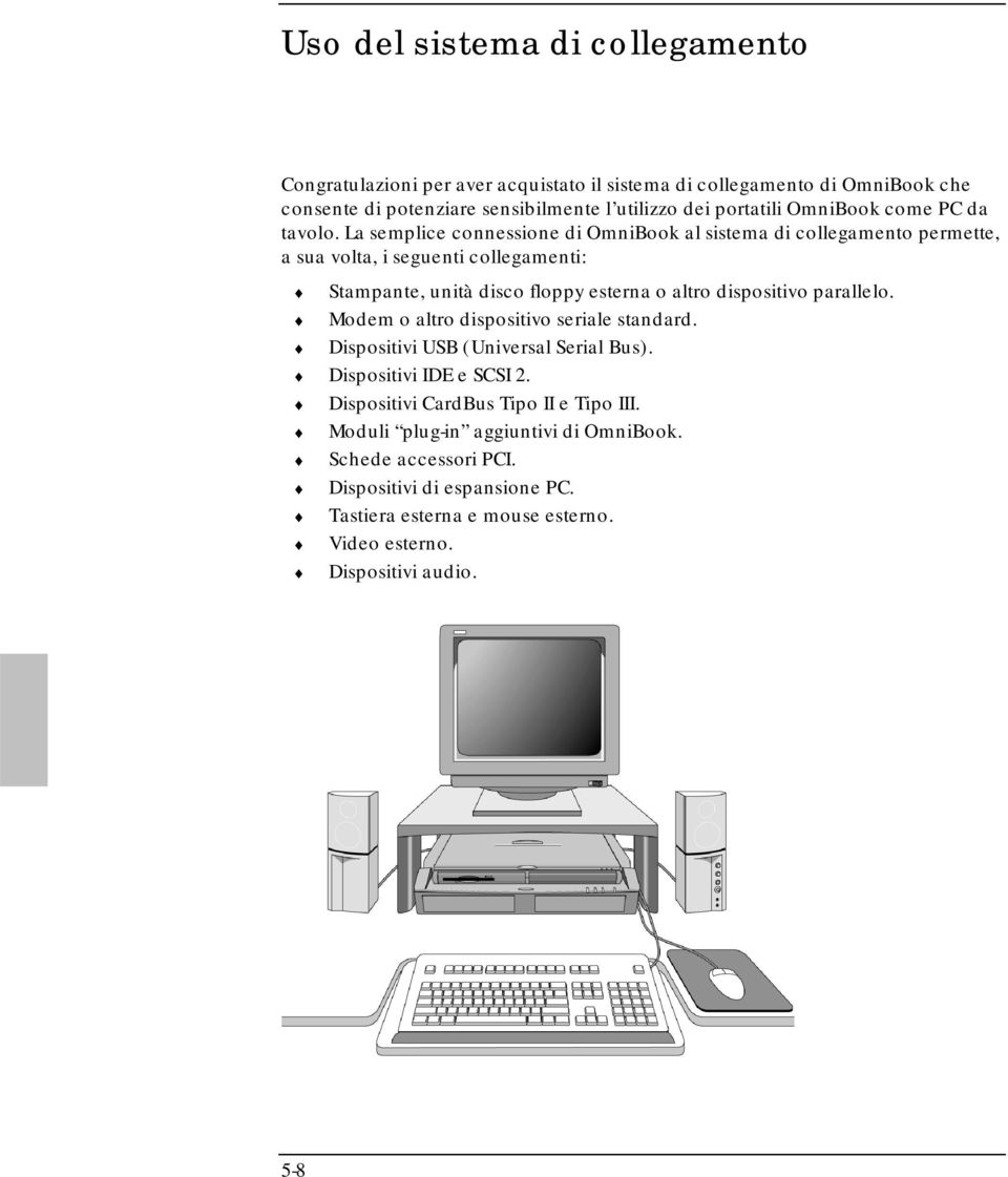 La semplice connessione di OmniBook al sistema di collegamento permette, a sua volta, i seguenti collegamenti: Stampante, unità disco floppy esterna o altro dispositivo