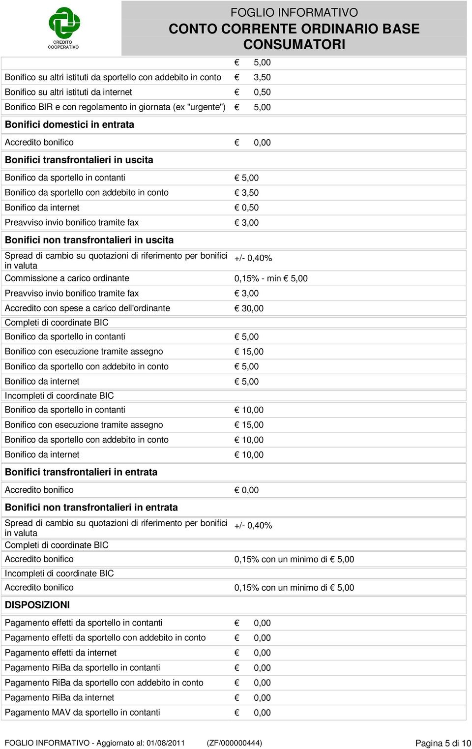 0,50 Preavviso invio bonifico tramite fax 3,00 Bonifici non transfrontalieri in uscita Spread di cambio su quotazioni di riferimento per bonifici in valuta +/- 0,40% Commissione a carico ordinante