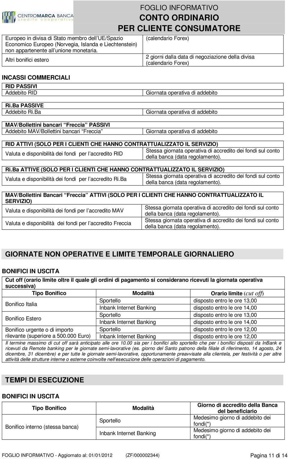 Ba MAV/Bollettini bancari Freccia PASSIVI Addebito MAV/Bollettini bancari Freccia Giornata operativa di addebito Giornata operativa di addebito Giornata operativa di addebito RID ATTIVI (SOLO PER I