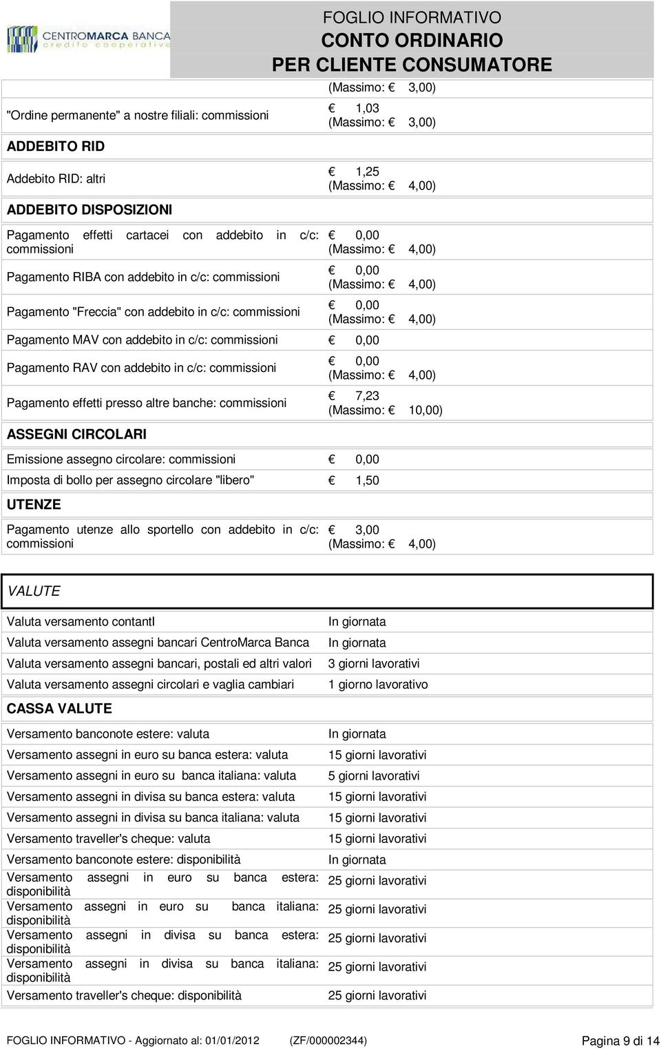 assegno circolare: Imposta di bollo per assegno circolare "libero" 1,50 UTENZE Pagamento utenze allo sportello con addebito in c/c: 7,23 (Massimo: 10,00) 3,00 VALUTE Valuta versamento contanti Valuta