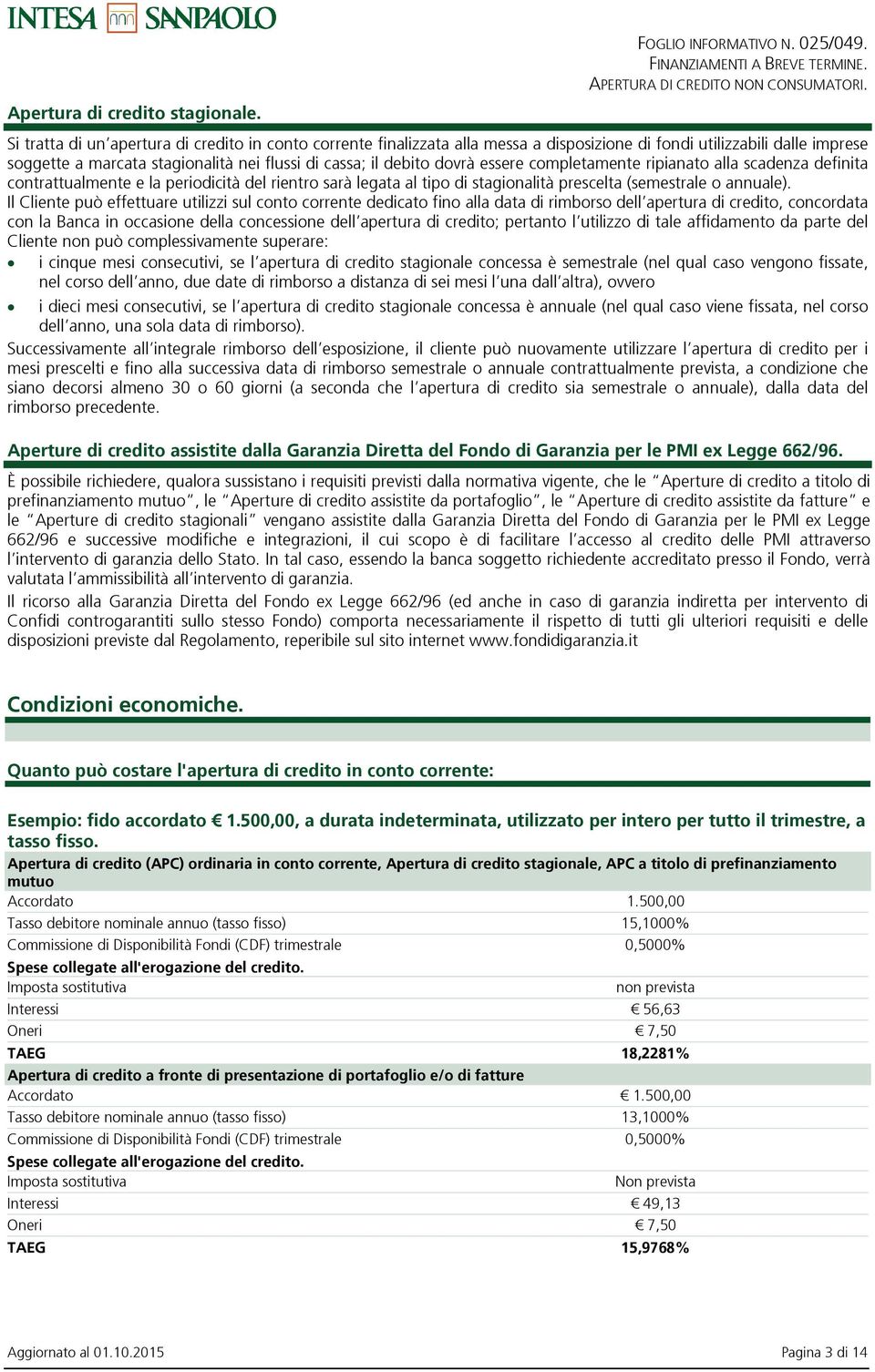 essere completamente ripianato alla scadenza definita contrattualmente e la periodicità del rientro sarà legata al tipo di stagionalità prescelta (semestrale o annuale).