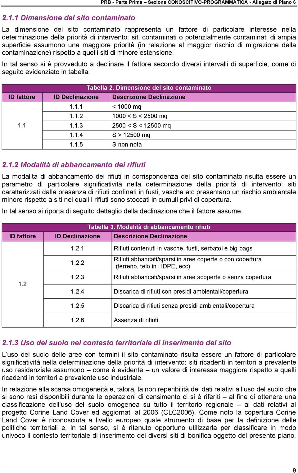 In tal senso si è provveduto a declinare il fattore secondo diversi intervalli di superficie, come di seguito evidenziato in tabella. Tabella 2. Dimensione del sito contaminato 1.1 1.1.1 < 1000 mq 1.