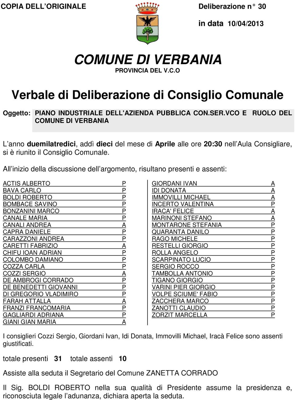 ll inizio della discussione dell argomento, risultano presenti e assenti: CTIS LBERTO BV CRLO BOLDI ROBERTO BOMBCE SVINO BONZNINI MRCO CNLE MRI CNLI NDRE CR DNIELE CRZZONI NDRE CRETTI FBRIZIO CHIFU