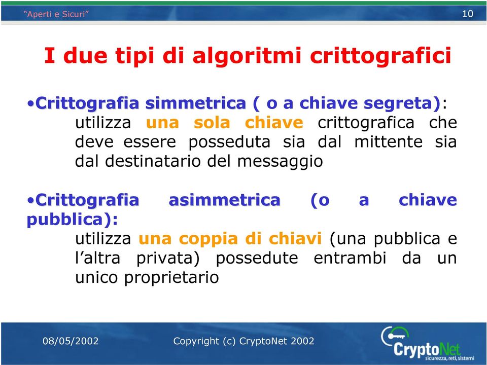 destinatario del messaggio Crittografia asimmetrica (o a chiave pubblica): utilizza una