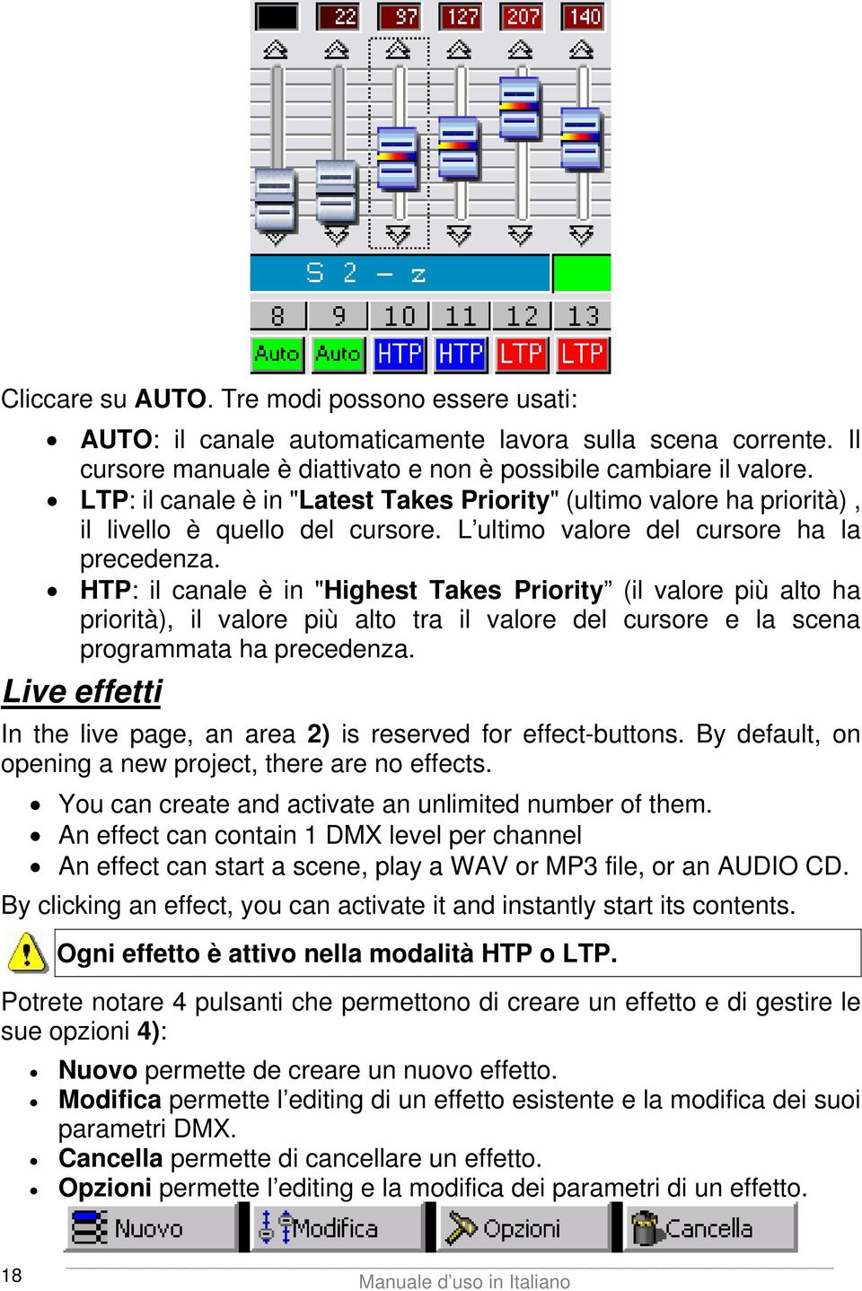 HTP: il canale è in "Highest Takes Priority (il valore più alto ha priorità), il valore più alto tra il valore del cursore e la scena programmata ha precedenza.