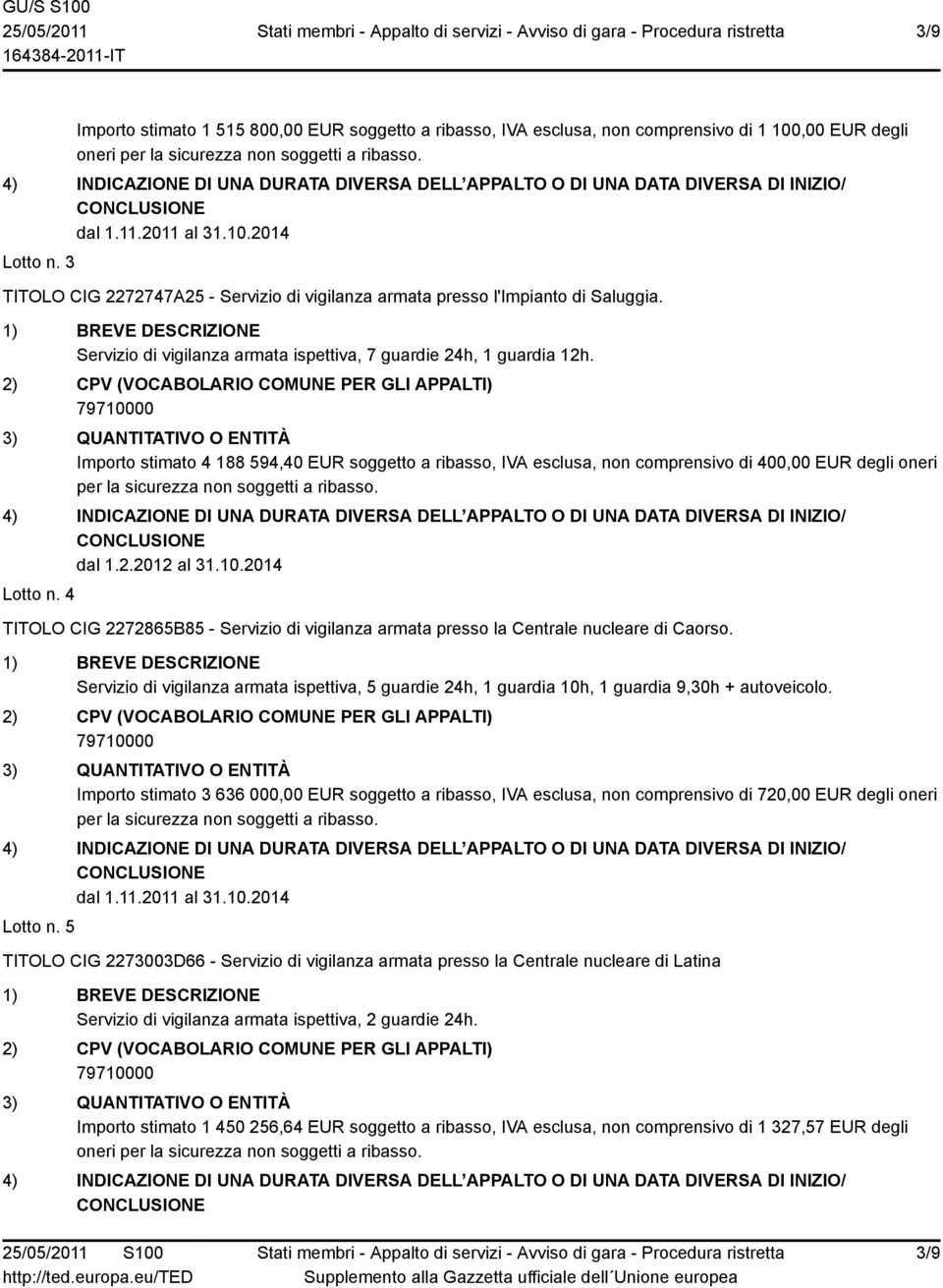 Importo stimato 4 188 594,40 EUR soggetto a ribasso, IVA esclusa, non comprensivo di 400,00 EUR degli oneri per la sicurezza non soggetti a ribasso. dal 1.2.2012 al 31.10.2014 Lotto n.