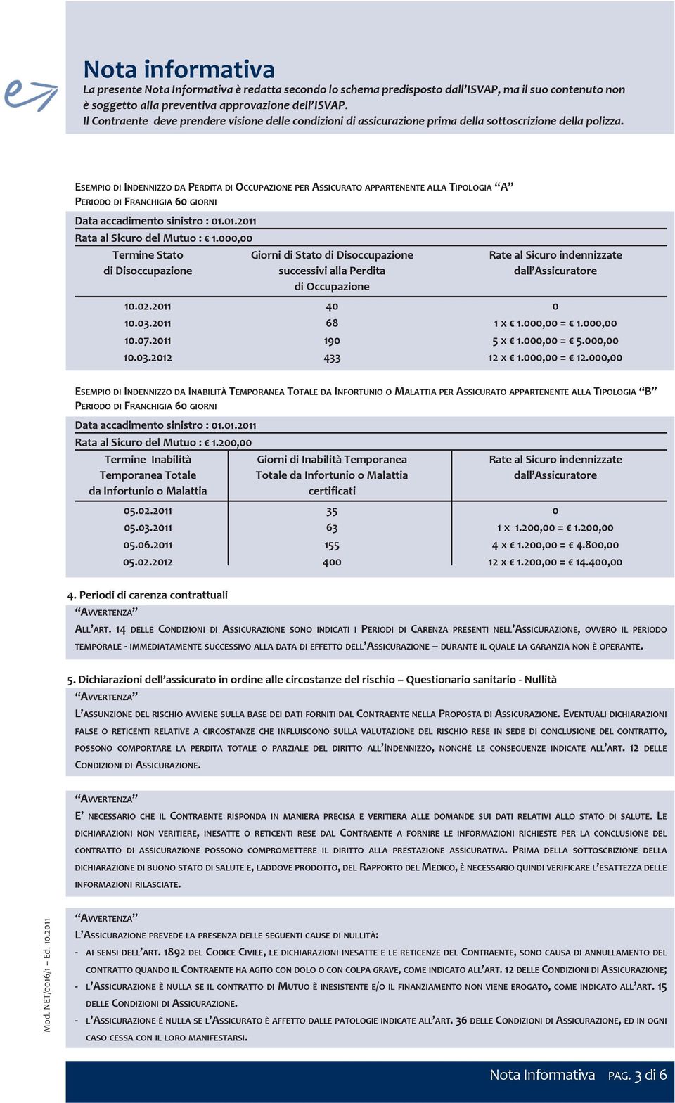 ESEMPIO DI INDENNIZZO DA PERDITA DI OCCUPAZIONE PER ASSICURATO APPARTENENTE ALLA TIPOLOGIA A PERIODO DI FRANCHIGIA 60 GIORNI Data accadimento sinistro : 01.01.2011 Rata al Sicuro del Mutuo : 1.