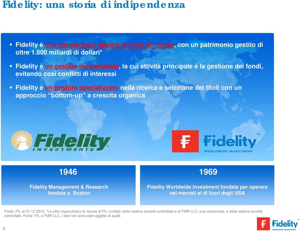 ricerca e selezione dei titoli con un approccio bottom-up a crescita organica 1946 Fidelity Management & Research fondata a Boston 1969 Fidelity Worldwide Investment fondata per operare nei