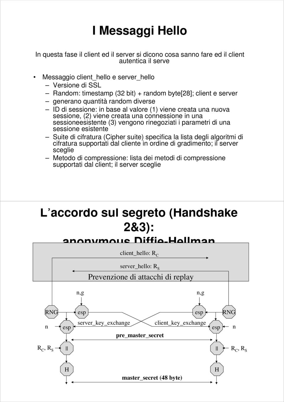 vengono rinegoziati i parametri di una sessione esistente Suite di cifratura (Cipher suite) specifica la lista degli algoritmi di cifratura supportati dal cliente in ordine di gradimento; il server