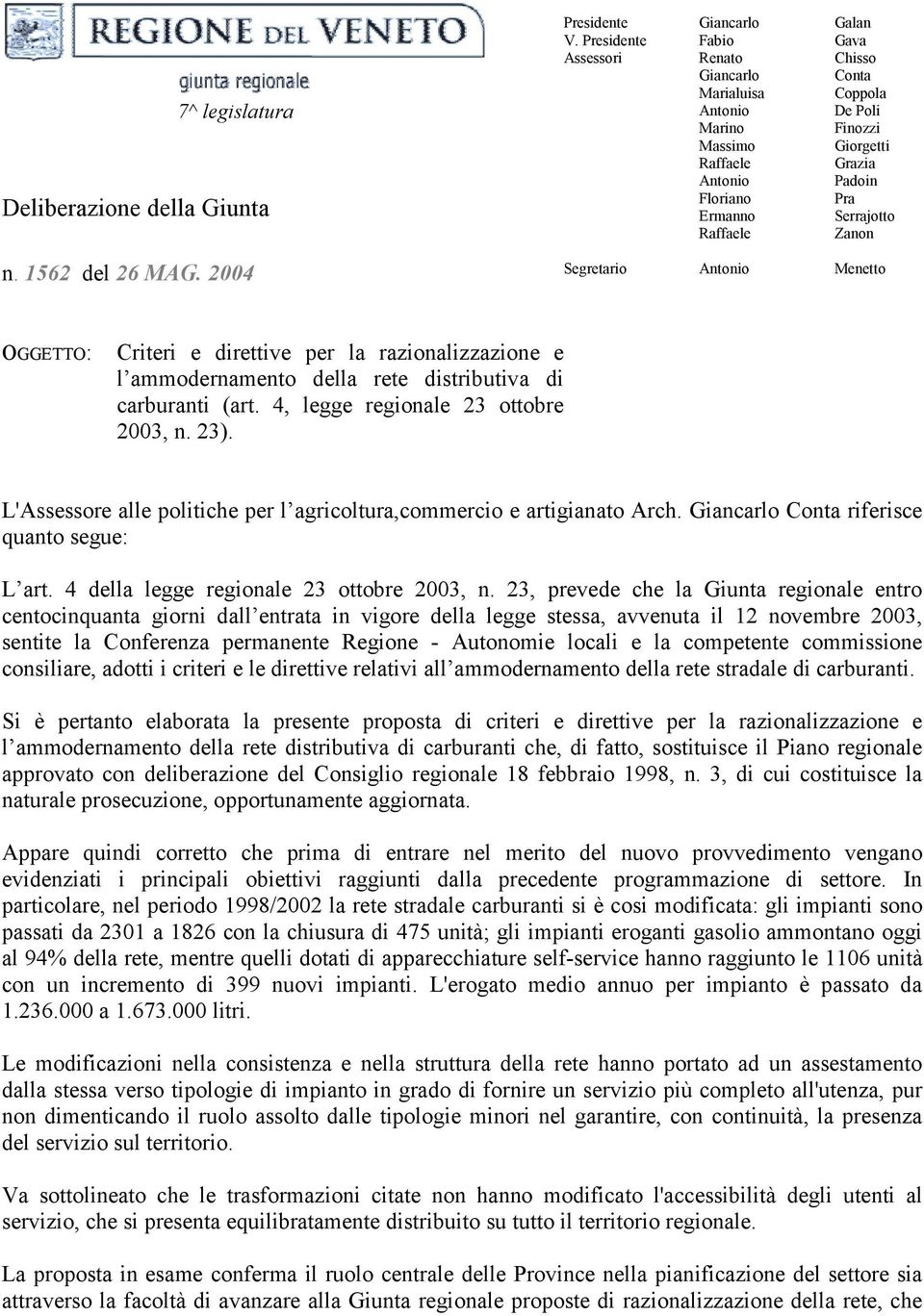 Padoin Pra Serrajotto Zanon n. 1562 del 26 MAG. 2004 Segretario Antonio Menetto OGGETTO: Criteri e direttive per la razionalizzazione e l ammodernamento della rete distributiva di carburanti (art.