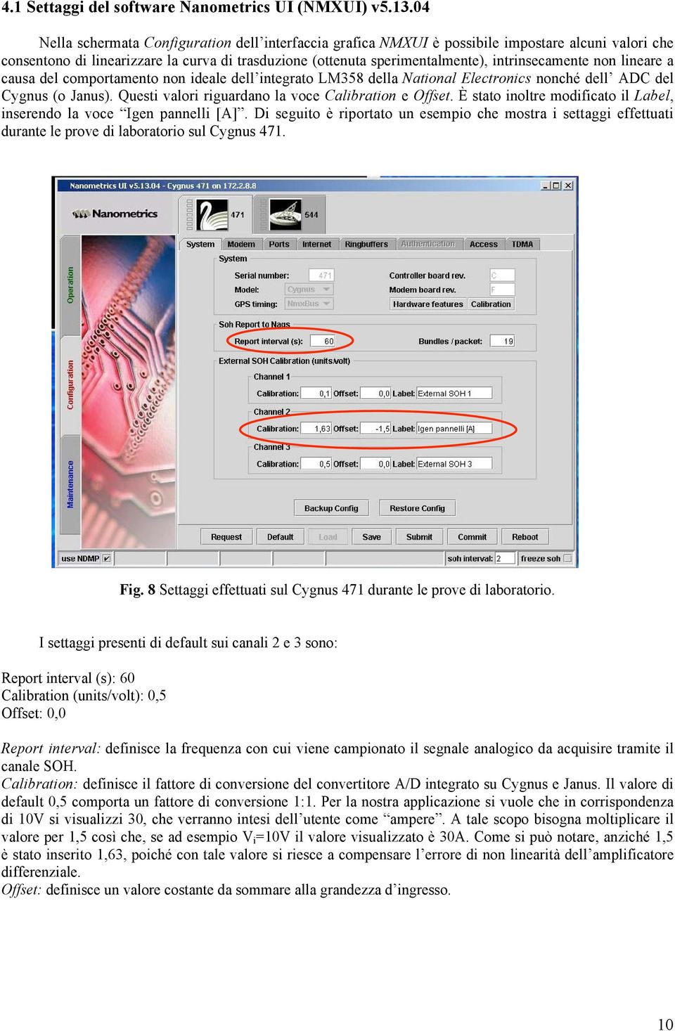 non lineare a causa del comportamento non ideale dell integrato LM358 della National Electronics nonché dell ADC del Cygnus (o Janus). Questi valori riguardano la voce Calibration e Offset.