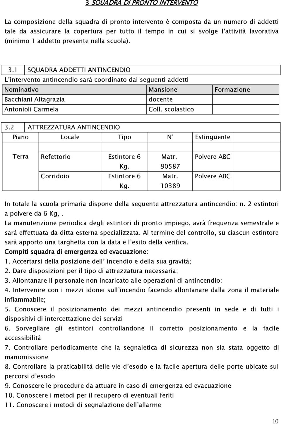 1 SQUADRA ADDETTI ANTINCENDIO L intervento antincendio sarà coordinato dai seguenti addetti Nominativo Mansione Formazione Bacchiani Altagrazia docente Antonioli Carmela Coll. scolastico 3.