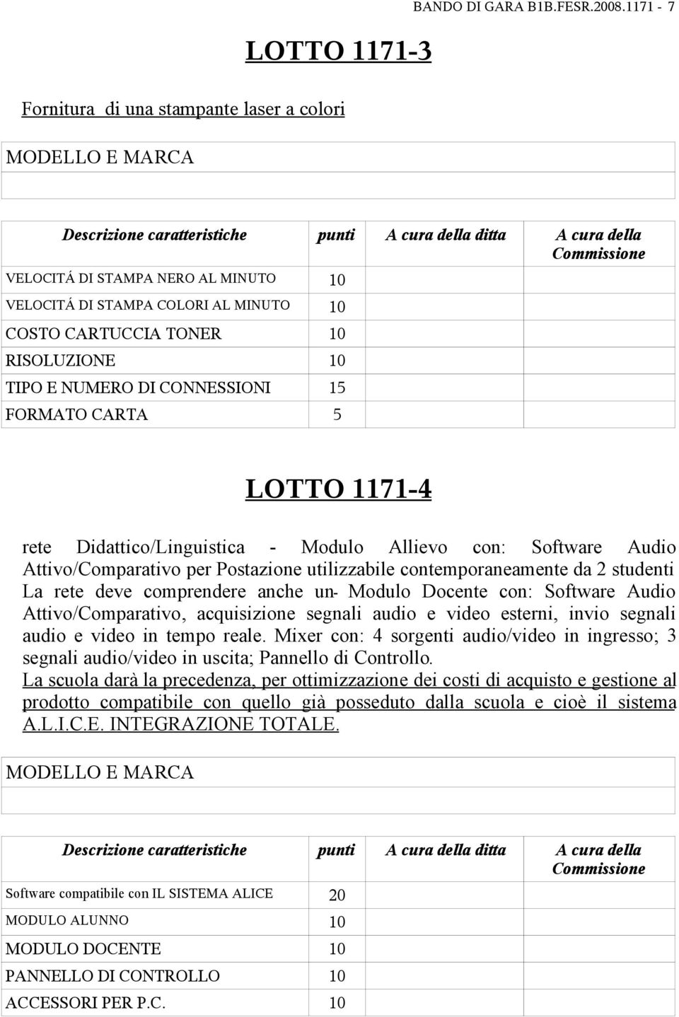 COLORI AL MINUTO 10 COSTO CARTUCCIA TONER 10 RISOLUZIONE 10 TIPO E NUMERO DI CONNESSIONI 15 FORMATO CARTA 5 LOTTO 1171-4 rete Didattico/Linguistica - Modulo Allievo con: Software Audio