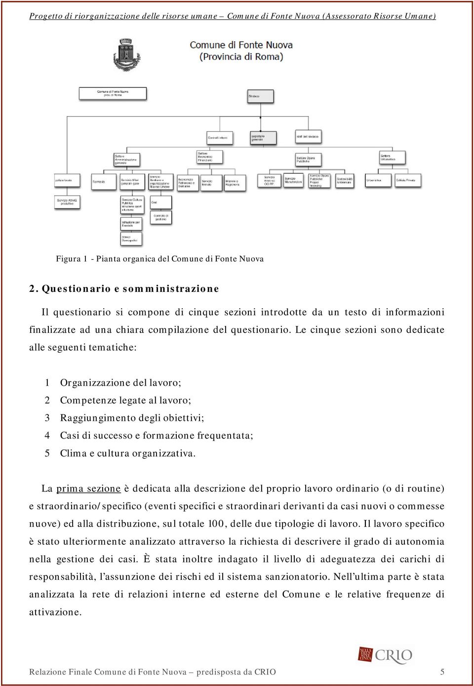 Le cinque sezioni sono dedicate alle seguenti tematiche: 1 Organizzazione del lavoro; 2 Competenze legate al lavoro; 3 Raggiungimento degli obiettivi; 4 Casi di successo e formazione frequentata; 5