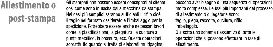 Potrebbero essere anche necessari lavori come la plastificazione, la piegatura, la cucitura a punto metallico, la brossura, ecc.