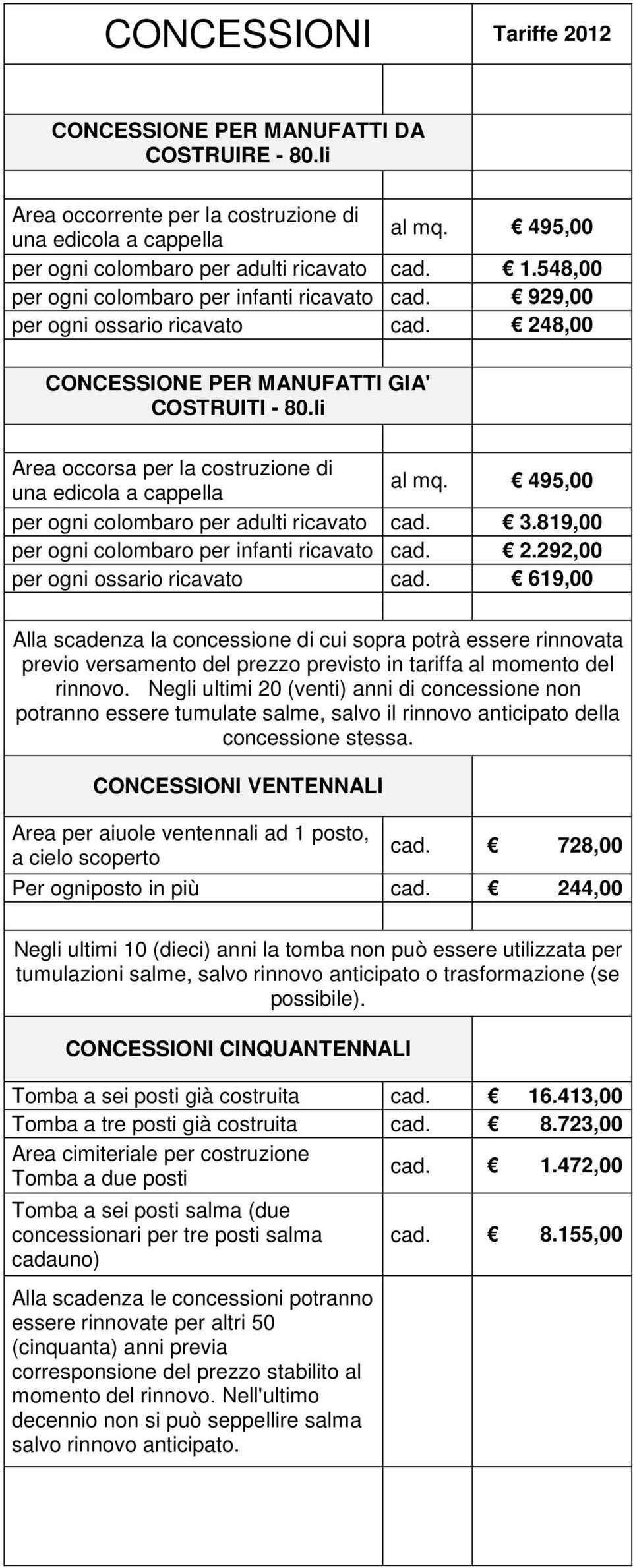 li rea occorsa per la costruzione di una edicola a cappella al mq. 495,00 per ogni colombaro per adulti ricavato cad. 3.819,00 per ogni colombaro per infanti ricavato cad. 2.