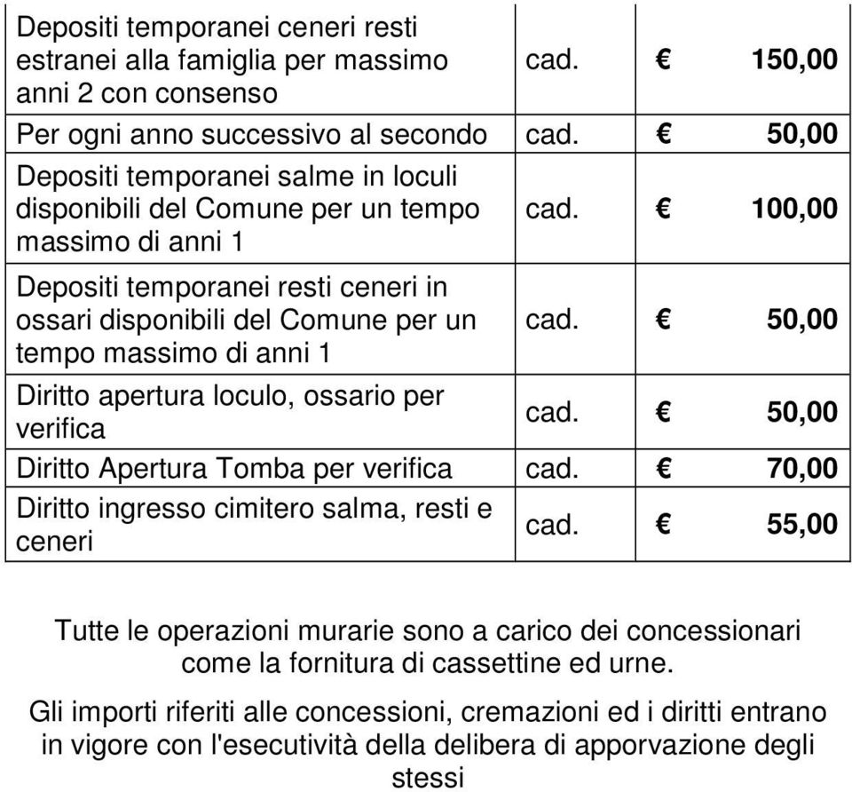 1 cad. 100,00 cad. 50,00 Diritto apertura loculo, ossario per verifica cad. 50,00 Diritto pertura Tomba per verifica cad. 70,00 Diritto ingresso cimitero salma, resti e ceneri cad.