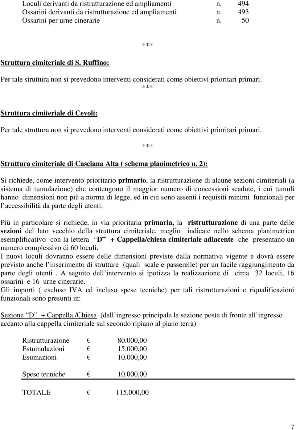 Struttura cimiteriale di Cevoli: Per tale struttura non si prevedono interventi considerati come obiettivi prioritari primari. Struttura cimiteriale di Casciana Alta ( schema planimetrico n.