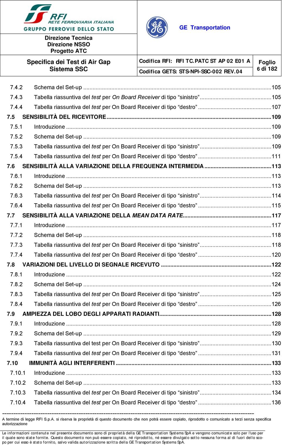 ..111 7.6 SENSIBILITÀ ALLA VARIAZIONE DELLA FREQUENZA INTERMEDIA...113 7.6.1 Introduzione...113 7.6.2 Schema del Set-up...113 7.6.3 Tabella riassuntiva del per On Board Receiver di tipo sinistro.