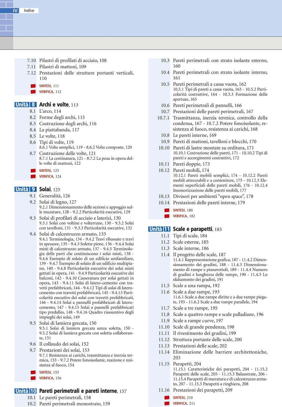 7 Costruzione delle volte, 121 8.7.1 La centinatura, 121-8.7.2 La posa in opera delle volte di mattoni, 122 SINTESI, 123 VERIFICA, 124 Unità 9 Solai, 125 9.1 Generalità, 126 9.2 Solai di legno, 127 9.