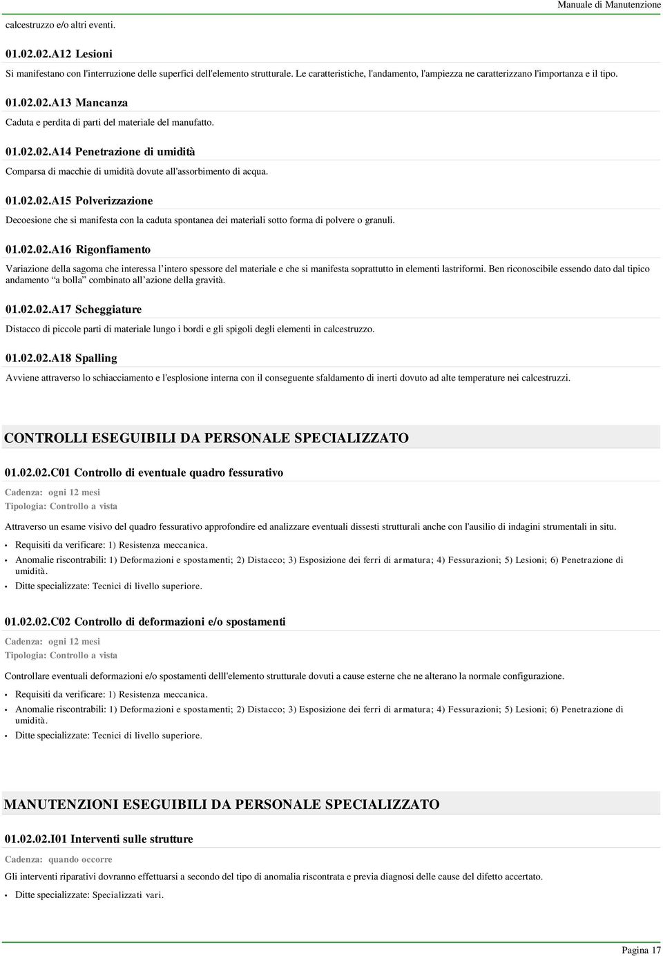 01.02.02.A15 Polverizzazione Decoesione che si manifesta con la caduta spontanea dei materiali sotto forma di polvere o granuli. 01.02.02.A16 Rigonfiamento Variazione della sagoma che interessa l intero spessore del materiale e che si manifesta soprattutto in elementi lastriformi.