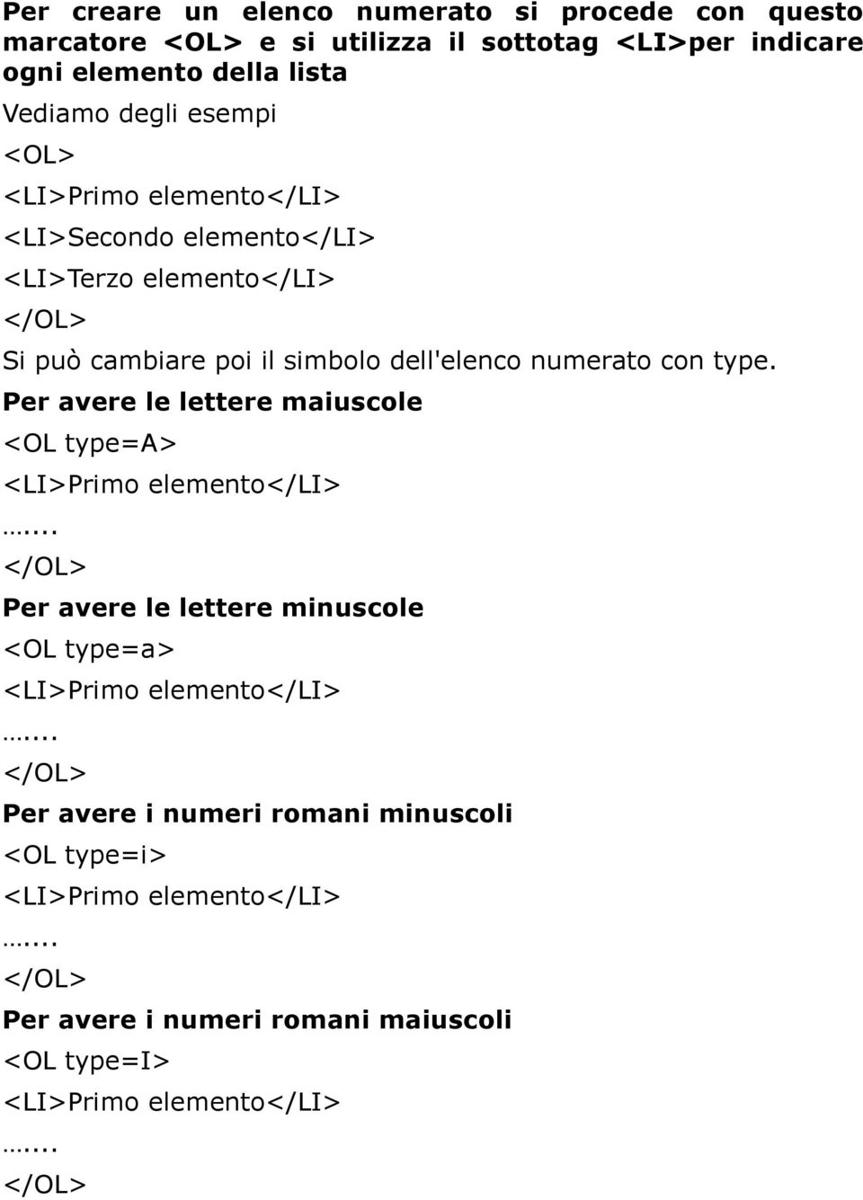 Per avere le lettere maiuscole <OL type=a> <LI>Primo elemento</li>... </OL> Per avere le lettere minuscole <OL type=a> <LI>Primo elemento</li>.