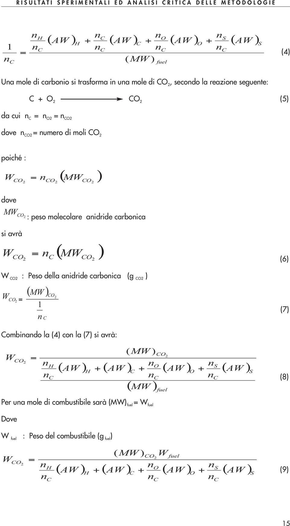 della aidride carboica (g O2 ) W O2 O = ( MW ) 1 O2 ( MW ) 2 O 2 (6) (7) ombiado la (4) co la (7) si avrà: W O2 O2 = H O S ( AW ) + ( AW ) + ( AW ) + ( AW ) H ( MW ) ( MW ) fuel O