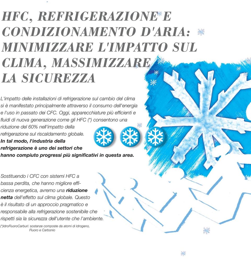 Oggi, apparecchiature più efficienti e fluidi di nuova generazione come gli HFC (*) consentono una riduzione del 60% nell'impatto della refrigerazione sul riscaldamento globale.