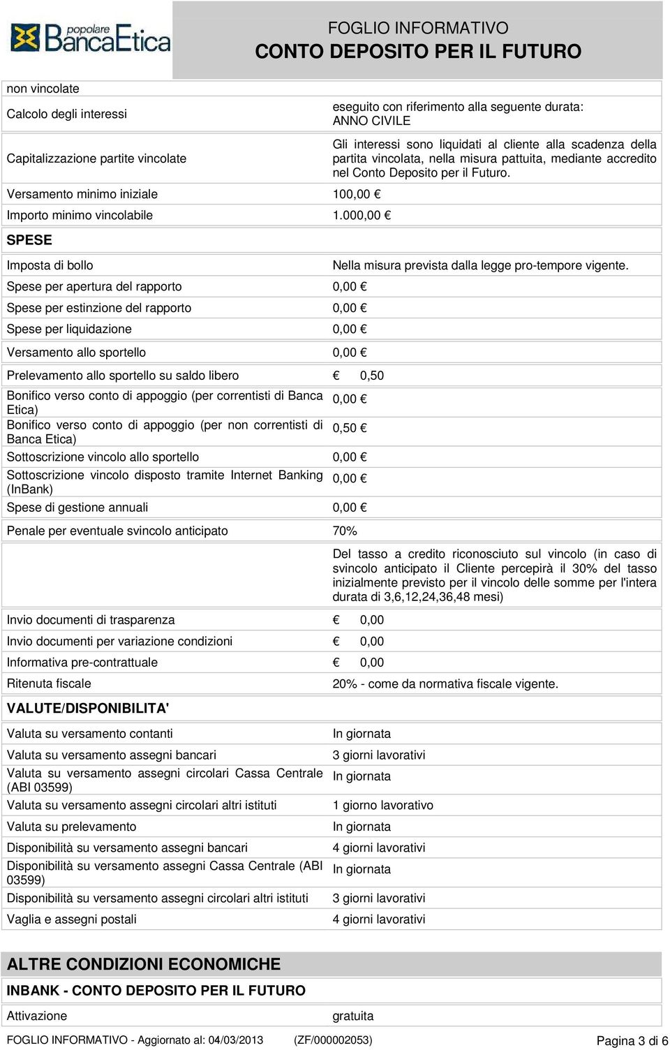 saldo libero 0,50 Bonifico verso conto di appoggio (per correntisti di Banca 0,00 Etica) Bonifico verso conto di appoggio (per non correntisti di 0,50 Banca Etica) Sottoscrizione vincolo allo