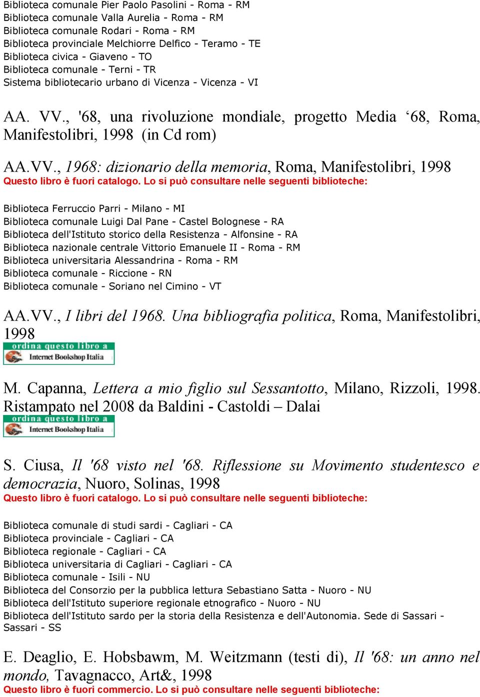 , '68, una rivoluzione mondiale, progetto Media 68, Roma, Manifestolibri, 1998 (in Cd rom) AA.VV., 1968: dizionario della memoria, Roma, Manifestolibri, 1998 Questo libro è fuori catalogo.