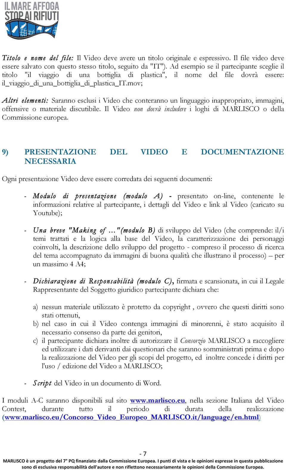 mov; Altri elementi: Saranno esclusi i Video che conteranno un linguaggio inappropriato, immagini, offensive o materiale discutibile.