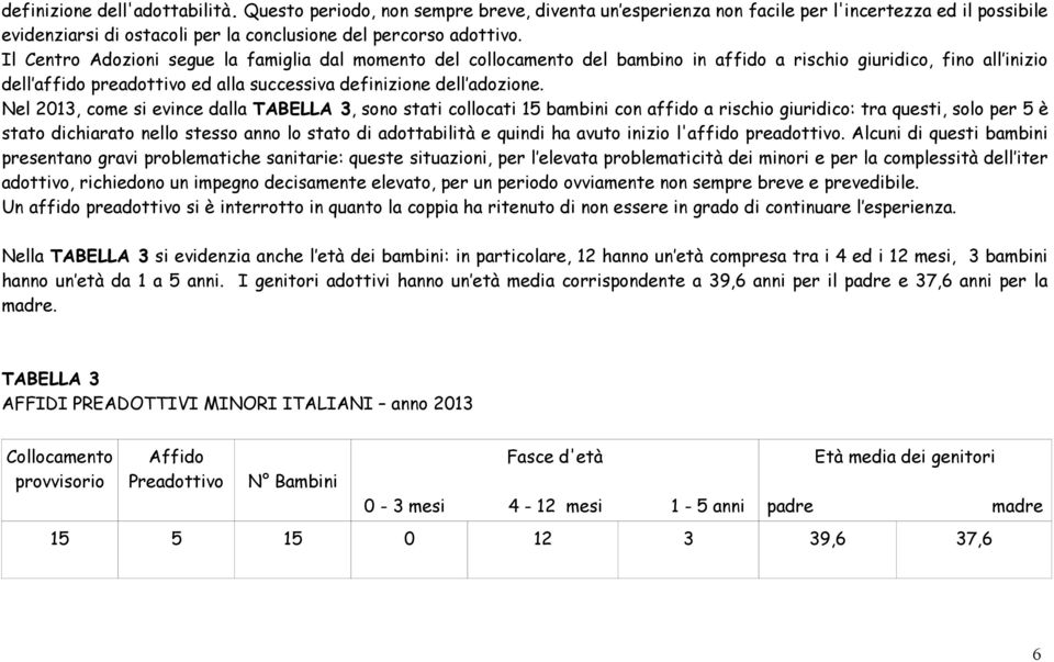 Nel 2013, come si evince dalla TABELLA 3, sono stati collocati 15 bambini con affido a rischio giuridico: tra questi, solo per 5 è stato dichiarato nello stesso anno lo stato di adottabilità e quindi