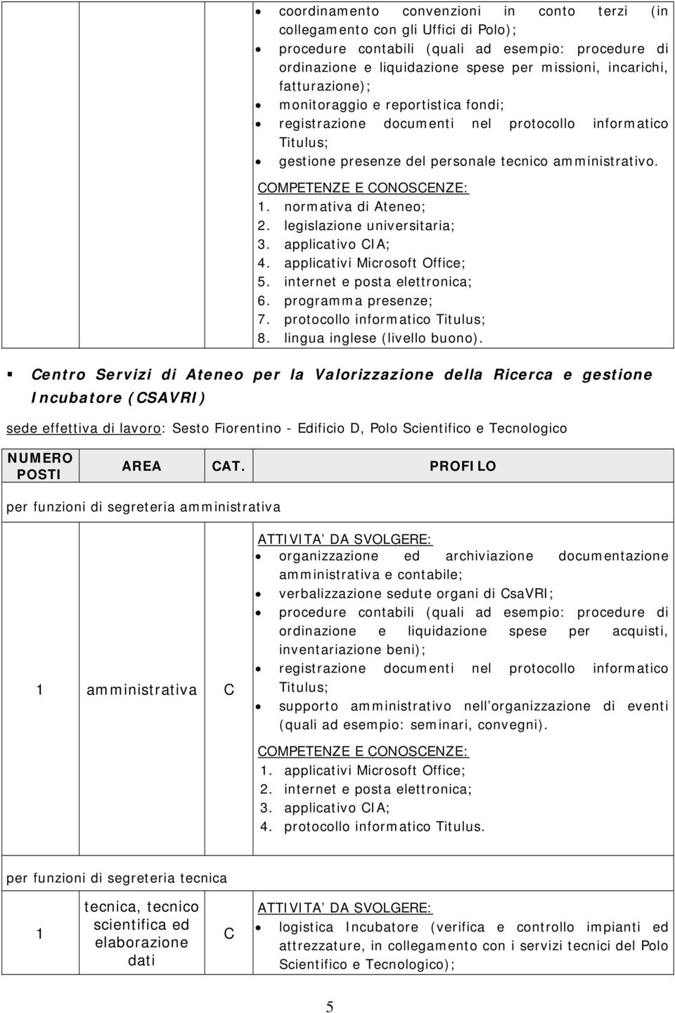 legislazione universitaria; 3. applicativo CIA; 4. applicativi Microsoft Office; 5. internet e posta elettronica; 6. programma presenze; 7. protocollo informatico Titulus; 8.