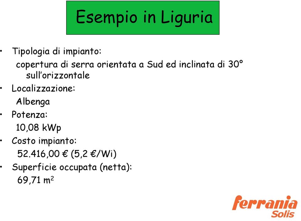 Localizzazione: Albenga Potenza: 10,08 kwp Costo